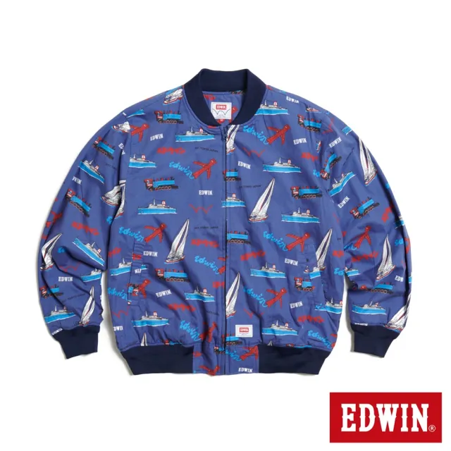 【EDWIN】男裝 插畫花布薄飛行夾克(藍色)