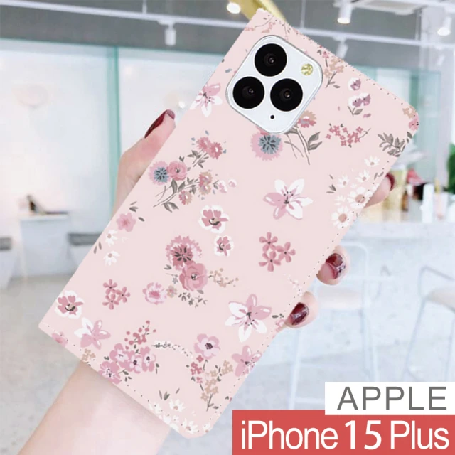 HongXin iPhone 15 Plus 6.7吋 粉色花朵 隱形磁力皮套 手機殼
