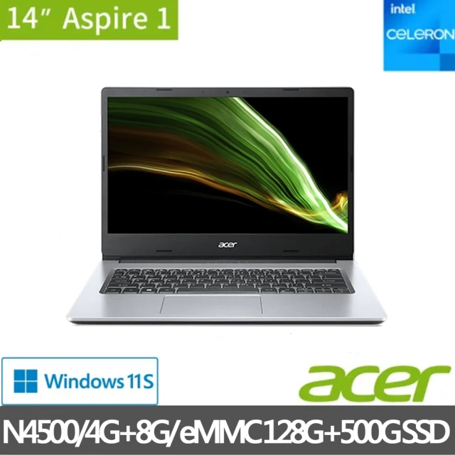Acer 宏碁 14吋輕薄特仕筆電(Aspire1 A114-33-C53V/N4500/4G+8G/128G eMMC+500G SSD/W11s)