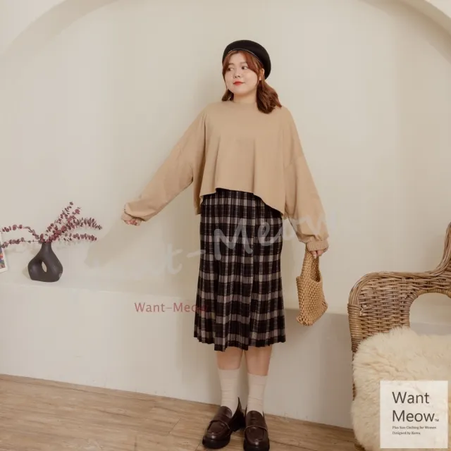 【Want-Meow】90公斤可穿/台灣製/百搭束口短版寬袖圓領素面大學T(短版上衣/長袖上衣/大碼/大尺碼/加大碼)