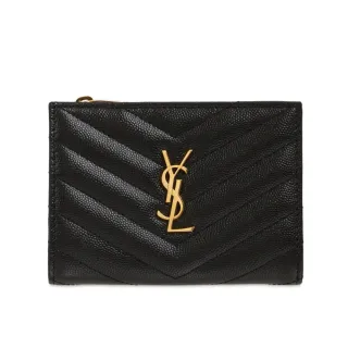 【YSL】SAINT LAURENT Monogram 粒面 壓紋皮革 拉鏈 兩摺 零錢包 卡夾 短夾 皮夾 黑色 金色 668287