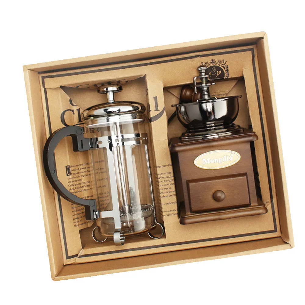 【儀家生活館】手搖咖啡磨豆機/雙層玻璃法式濾壓壺禮品組