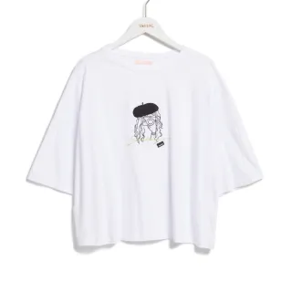 【SOMETHING】女裝 貝雷帽女孩刺繡短袖T恤(白色)