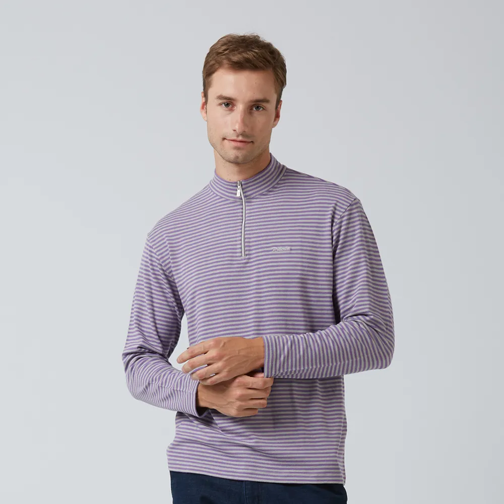 【ROBERTA諾貝達】男裝 經典條紋 保溫紗長袖POLO棉衫(紫)