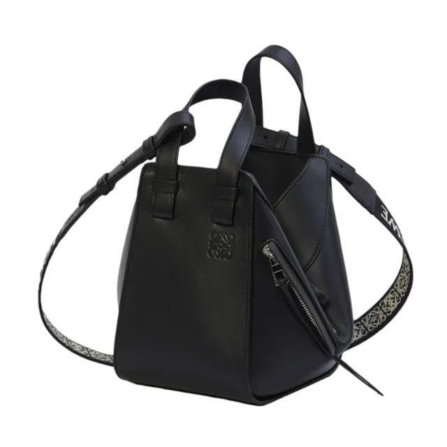 【LOEWE 羅威】Compact Hammock 小型 緹花背帶 緞面小牛皮 吊床包 肩背包 手提包 黑色『entrupy安心購』