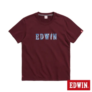 【EDWIN】男裝 羽毛紋牛仔貼布LOGO短袖T恤(朱紅色)