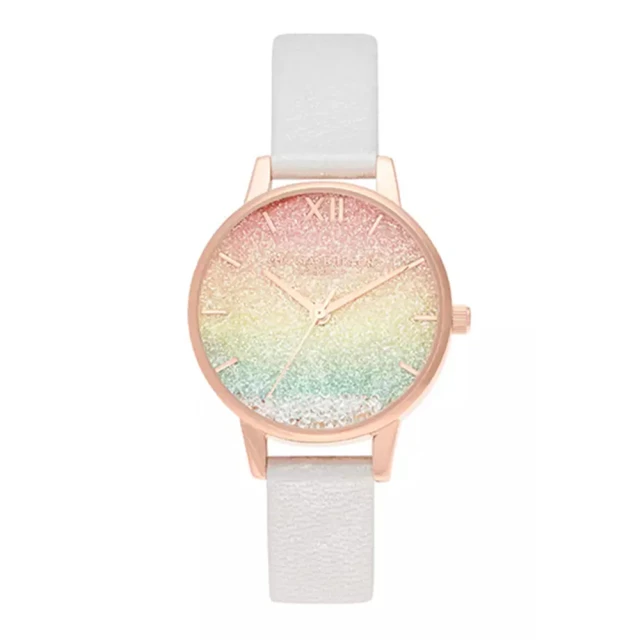 Olivia Burton Rainbow系列-滾珠彩虹閃耀漸層面玫瑰金殼珠光銀色真皮錶帶腕錶(OB16EX228)