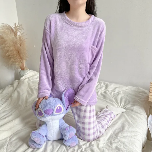 【Kosmiya】1套 素色格紋法蘭絨珊瑚絨睡衣居家服(多色可選/法蘭絨珊瑚絨睡衣/長袖睡衣/兩件式睡衣)