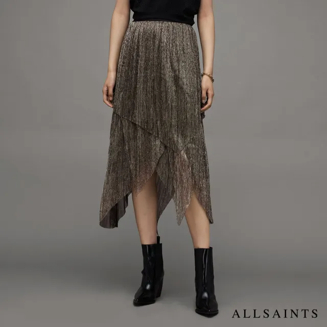 【ALLSAINTS】VEENA 金屬光澤中長裙BLACK GOLD WS054Z(常規版型)