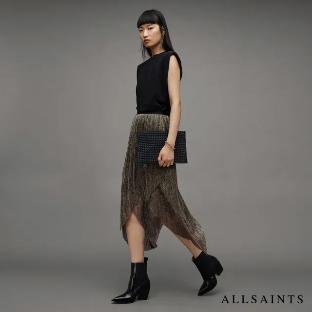 【ALLSAINTS】VEENA 金屬光澤中長裙BLACK GOLD WS054Z(常規版型)