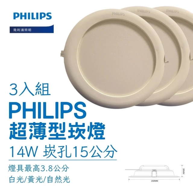 Philips 飛利浦Philips 飛利浦 LED超薄型崁燈 14W 直徑15cm-3入組(白光/自然光/黃光)
