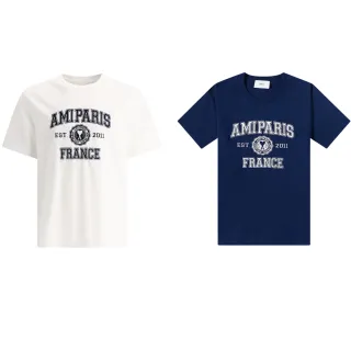 【AMI PARIS】經典愛心刺繡LOGO 白色 深藍色 棉質 圓領 短袖 T-SHIRT 上衣(HTS008726100/491)