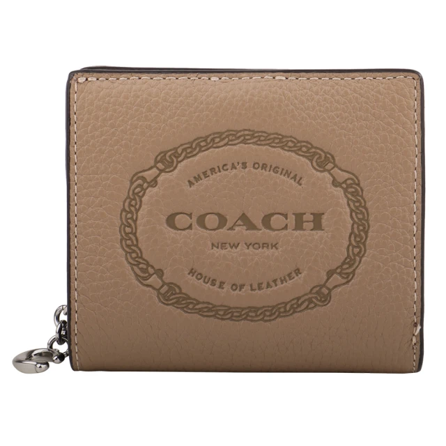 COACHCOACH 壓印圓標LOGO鵝卵石皮革暗釦拉鍊短夾(奶茶杏)