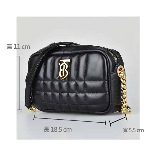 【BURBERRY 巴寶莉】BURBERRY LOLA 金色字母LOGO格紋設計小羊皮拉鍊斜背相機包(迷你/黑)