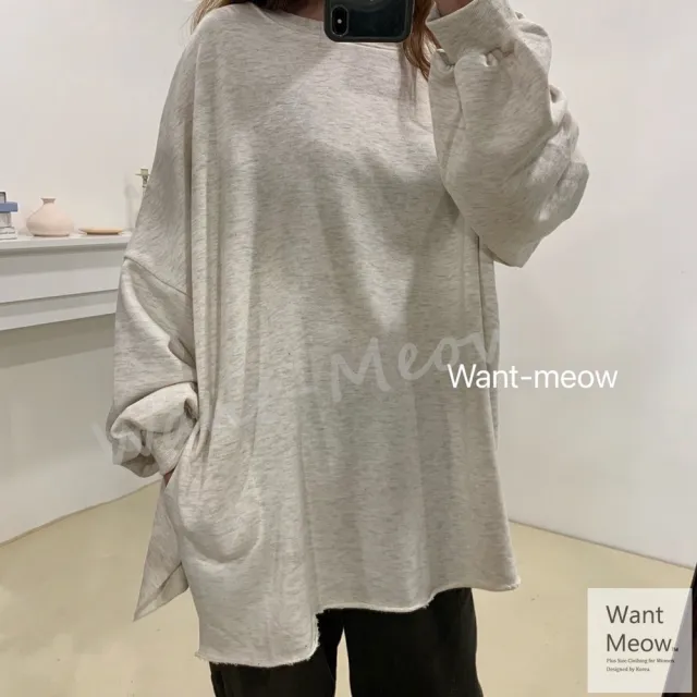 【Want-Meow】獨家台灣製/100公斤可穿/多色寬鬆圓領口袋澎袖大學T(長袖上衣/大碼/大尺碼/加大碼/孕婦裝)