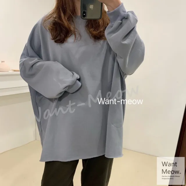 【Want-Meow】獨家台灣製/100公斤可穿/多色寬鬆圓領口袋澎袖大學T(長袖上衣/大碼/大尺碼/加大碼/孕婦裝)