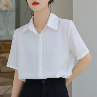 【MsMore】緞面襯衫時尚洋氣高端上衣職業短袖短版#120165(白/黑/杏/綠/藍)