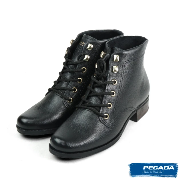 【PEGADA】巴西經典荔枝紋綁帶粗跟短靴 黑色(282005A-BL)