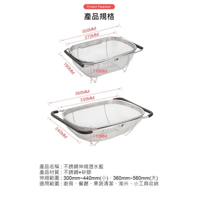 【TWBUY 台灣好購】不銹鋼伸縮濾水籃(洗菜 多功能 洗米 瀝水籃 水槽收納)