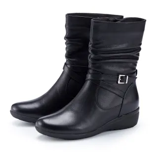 【CHOiCE】牛皮抓皺皮釦拉鍊中筒靴(黑色)