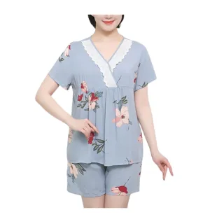 【K.W.】韓國粉藍蕾絲優雅居家套裝(現貨 套裝 共1色)
