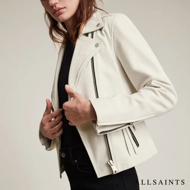 【ALLSAINTS】DALBY 極簡風金屬細節羊羔皮騎士皮衣外套-白 WL018N