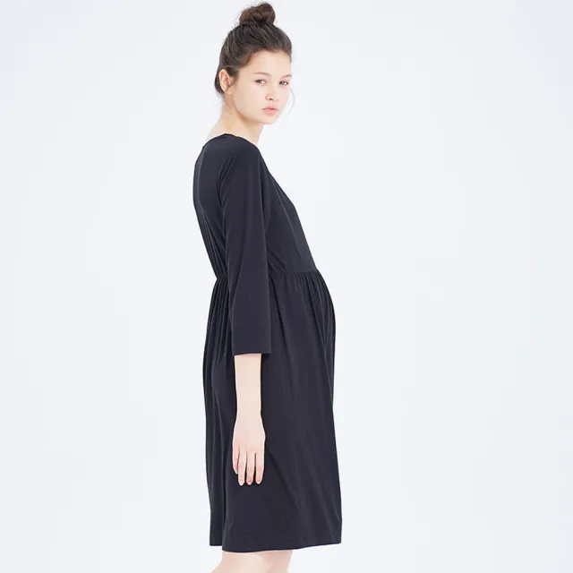 【Gennies 奇妮】交叉V領居家哺乳衣-黑(孕婦裝 月子服 居家服 睡衣 哺乳洋裝 七分袖 下拉哺乳)