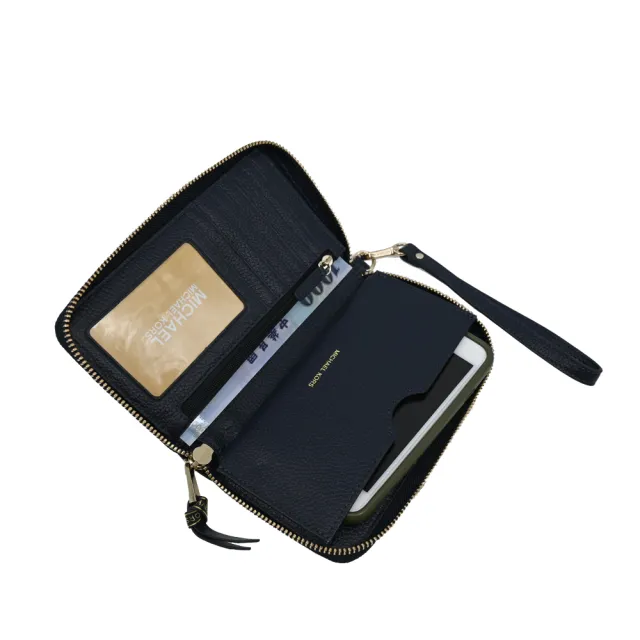 【Michael Kors】WRISTLETS 深海軍藍荔枝紋拼接白皮革金LOGO多用途皮夾/手機包/手拿包(提把可拆)