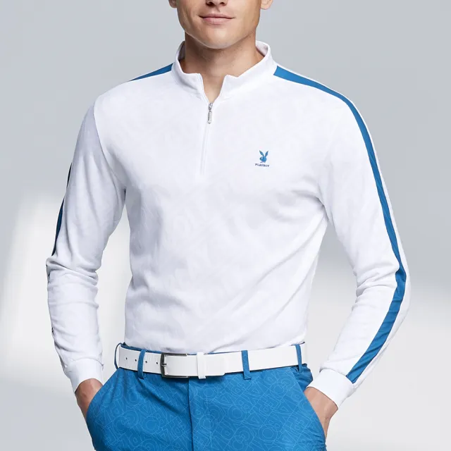 【PLAYBOY GOLF】男款文字緹織吸濕排汗立領長袖POLO衫-白(蓄熱保溫/高爾夫球衫/AA23220-87)