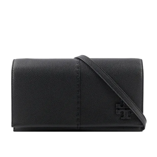 【TORY BURCH】McGRAW 鵝卵石皮革皮夾式斜背包(黑色)
