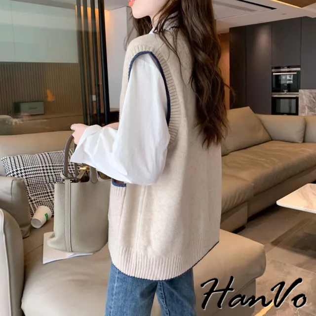 【HanVo】現貨 韓版針織小熊寬鬆背心(保暖系列親膚柔軟小口袋  韓系女裝 女生衣著 A07-4999)
