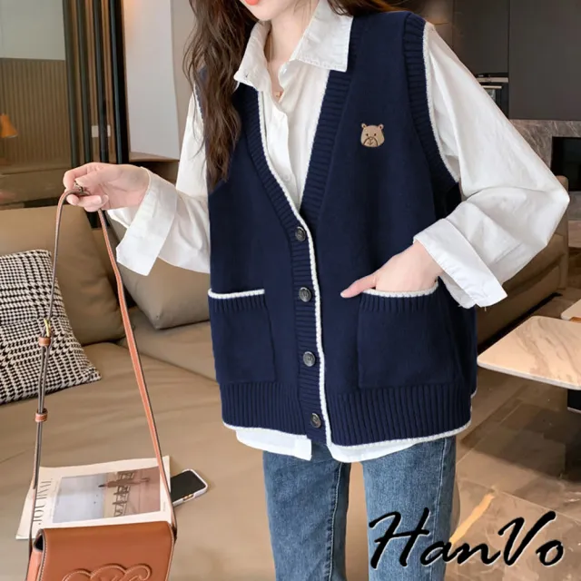 【HanVo】現貨 韓版針織小熊寬鬆背心(保暖系列親膚柔軟小口袋  韓系女裝 女生衣著 A07-4999)