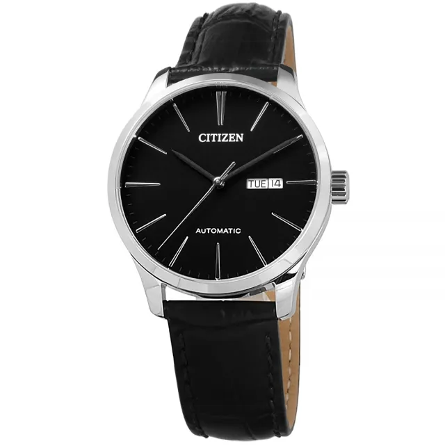 【CITIZEN】日期星期 礦石強化玻璃 日本機芯 自動上鍊 機械錶 真皮手錶 黑色 40mm(NH8350-08E)