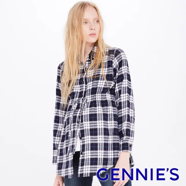 【Gennies 奇妮】經典格紋哺乳上衣-藍白格(哺乳衣 長袖哺乳衣 開襟 縮腰 綁帶 下拉哺乳)