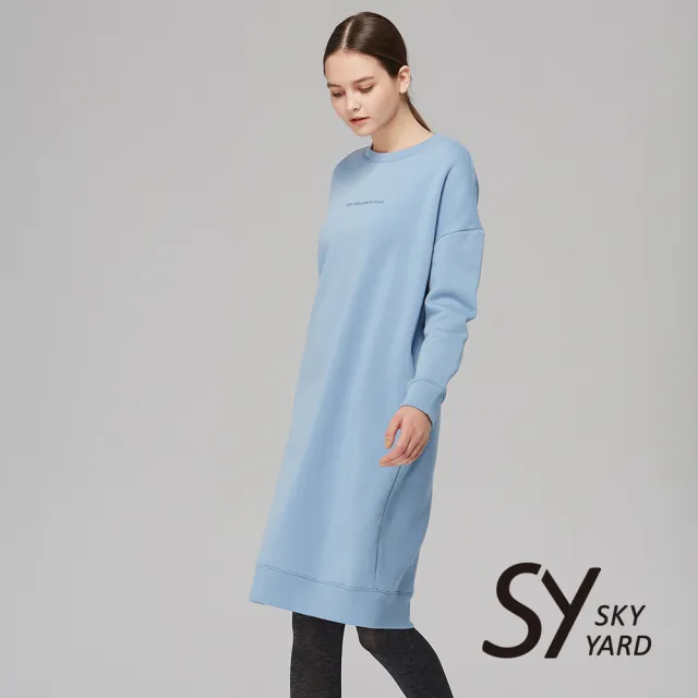【SKY YARD】簡約刺繡內刷毛長版上衣(藍色)