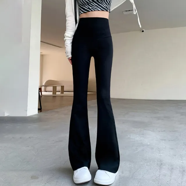 【D.studio】韓版高腰修身顯瘦微喇叭鯊魚褲(寬褲 褲子 長褲 休閒褲 女裝 高腰褲 拖地褲 喇叭褲 黑褲 P243)