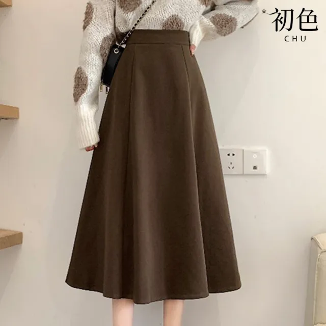 【初色】寬鬆保暖高腰A字裙傘裙毛呢中長裙半身裙-共2色-31947(M-XL可選)