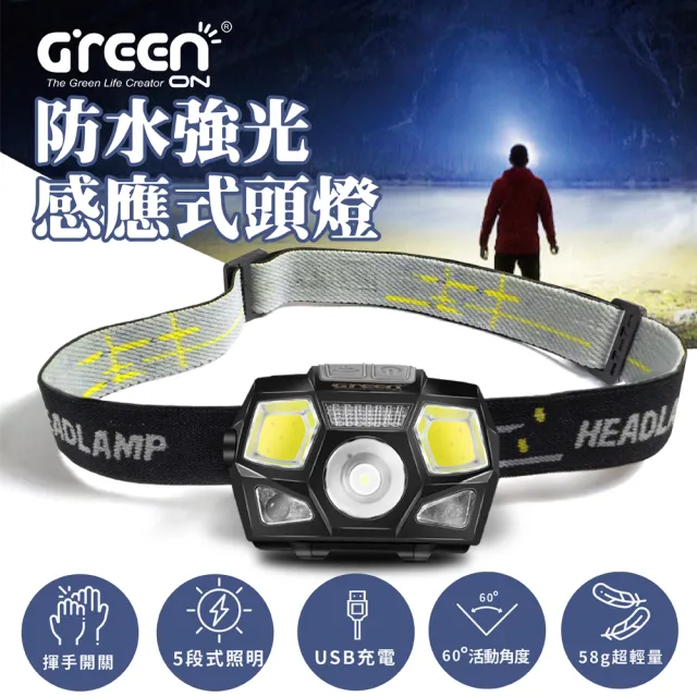 【GREENON】防水強光感應式頭燈GSP-001(超輕量 揮手開關 五段照明 USB充電)
