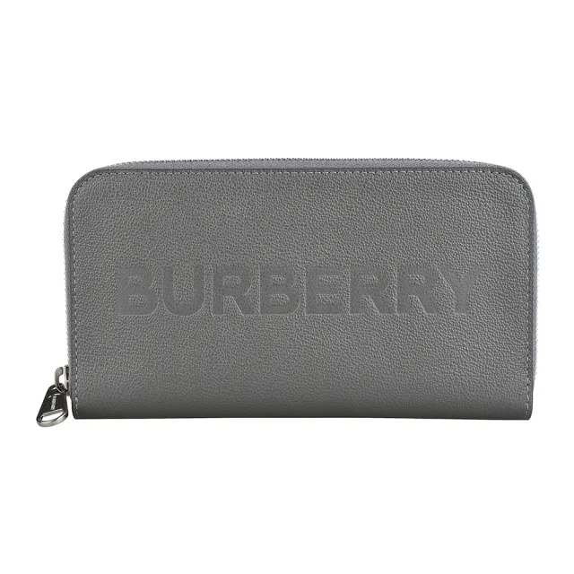 【BURBERRY 巴寶莉】BURBERRY 字母LOGO荔枝紋牛皮12卡拉鍊長夾(灰)