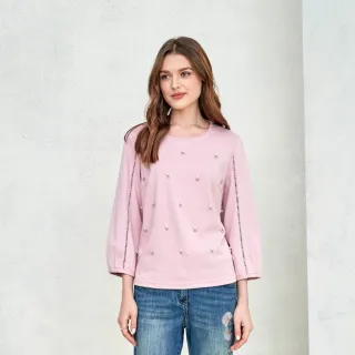 【MYSHEROS 蜜雪兒】造型上衣 蕾絲花邊圓領 格狀鏤空袖 素面珠鑽裝飾(粉)