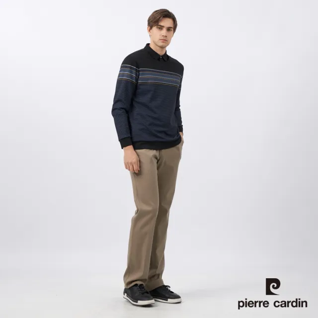 【pierre cardin 皮爾卡登】休閒服飾 男款 棉質混紡印花假兩件襯衫領長袖POLO衫-黑色(5235297-99)