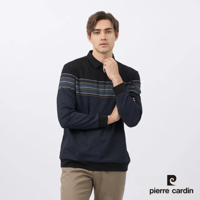 【pierre cardin 皮爾卡登】休閒服飾 男款 棉質混紡印花假兩件襯衫領長袖POLO衫-黑色(5235297-99)