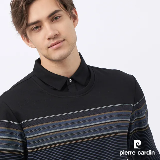 【pierre cardin 皮爾卡登】休閒服飾 男款 棉質混紡印花假兩件襯衫領長袖POLO衫-黑色(5235297-99)