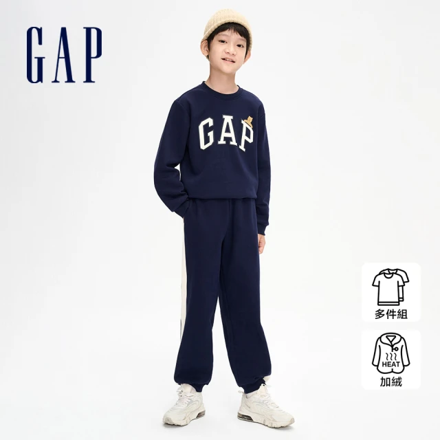 GAP 男童裝 Logo小熊印花刷毛長袖長褲家居套裝 碳素軟磨系列-海軍藍(856100)