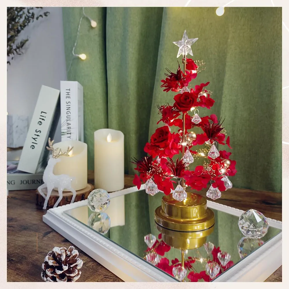 【KIRA與花花藝】水晶LED燈永生花聖誕樹/聖誕紅/桌上聖誕樹(永生花裝飾/聖誕禮物/聖誕節/聖誕樹)