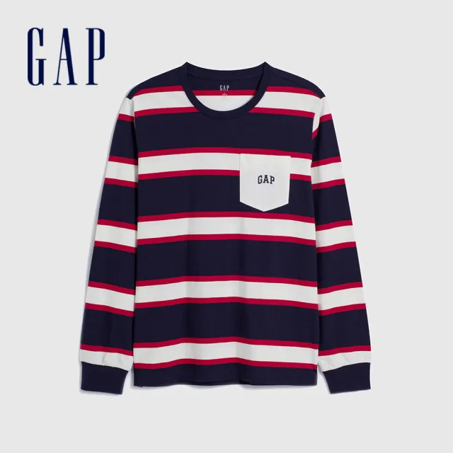 【GAP】男裝 Logo純棉圓領長袖上衣 厚磅密織親膚系列-藍色條紋(841256)