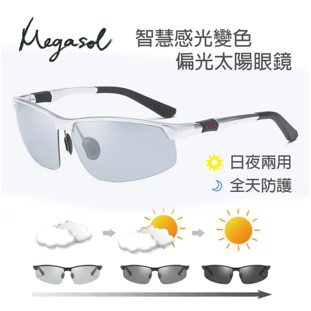 【MEGASOL】寶麗萊UV400偏光鋁鎂合金太陽眼鏡(感光變色-BS3121)