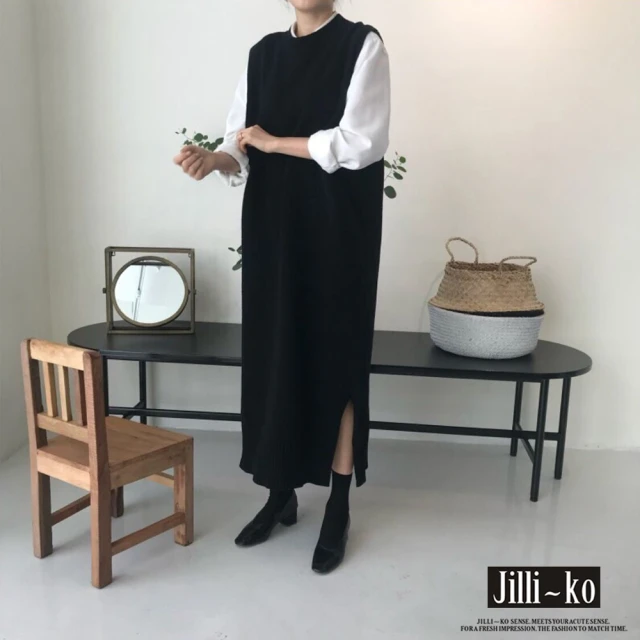 JILLI-KO 長款馬甲針織連衣裙韓國INS風長款背心毛衣-F(黑/深灰)