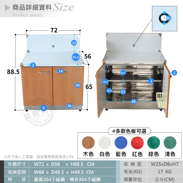 【Abis】客製商品-頂級升級款不鏽鋼72瓦斯爐台/流理台/工作台/收納廚具/多款色板可選(桶身304)