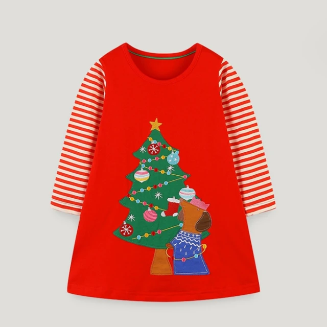 【橘魔法】萌臘腸狗聖誕樹貼布長版上衣(長袖上衣 聖誕節 耶誕節 大紅 薄長袖 女童 兒童 童裝)